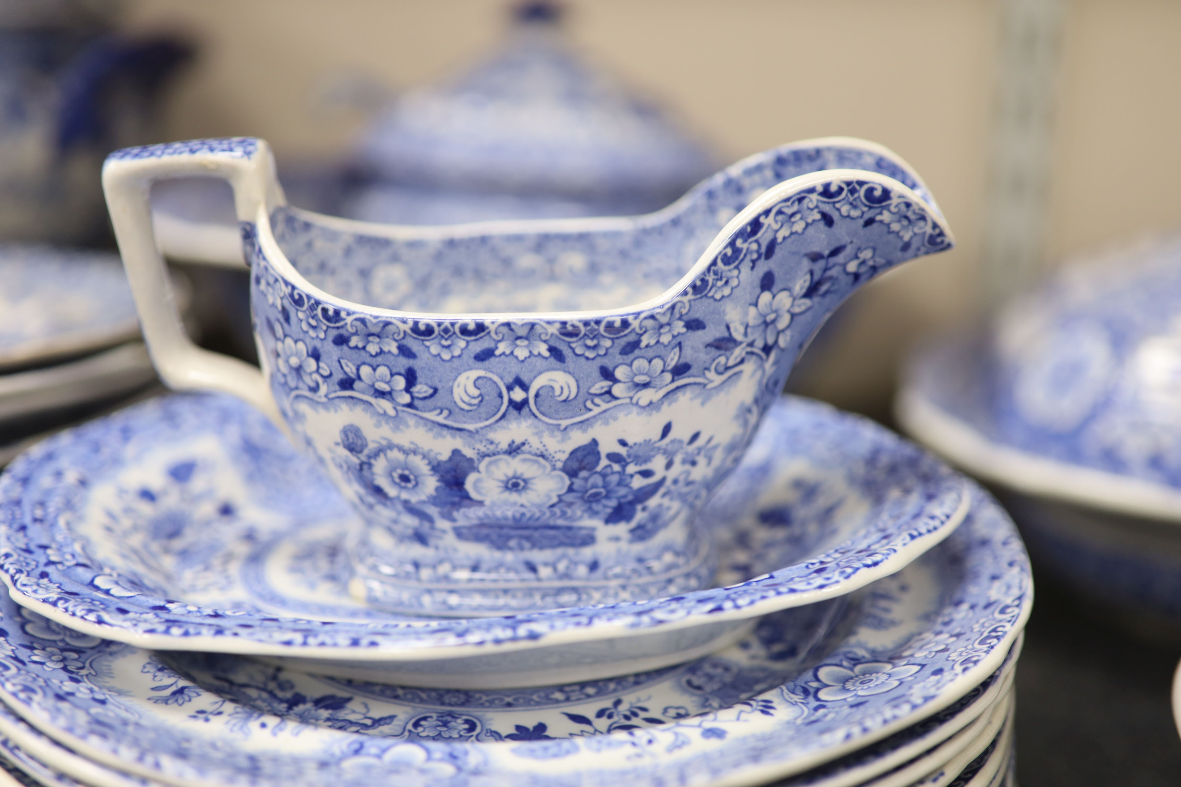 An extensive Minton filigree pattern blue and white dinner service, c.1830,